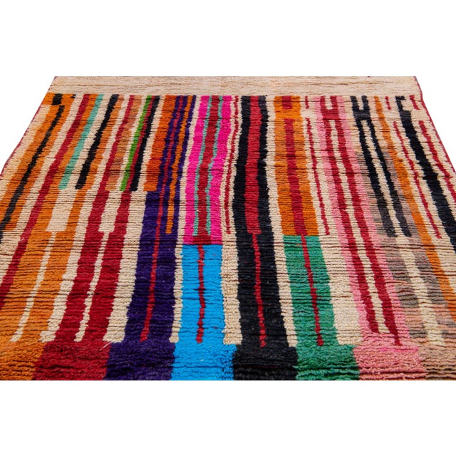 Vintage Beni Ourain Moroccan Handmade Multicolor Designed Beige Wool Rug For Sale - Image 4 of 12