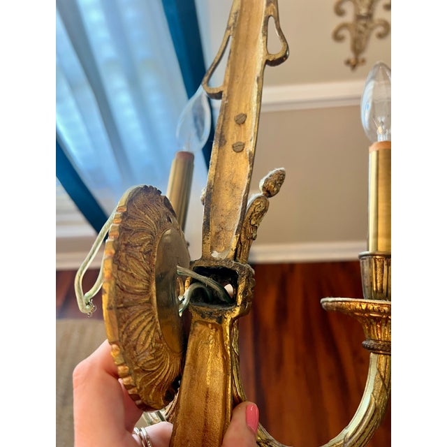 Vintage French Louis XVI Gilt Bronze Double-Arm Rope and Tassel Wall Sconces - a Pair For Sale - Image 6 of 13
