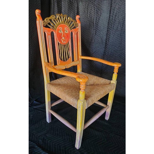Mexican Folk Art Hand Carved & Painted Ombre Sun God Chair Pair