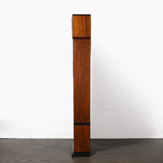 Art Deco Art Deco Walnut Floor Clock W/ Deco Numeral Dial and Black Lacquered Base For Sale - Image 3 of 14