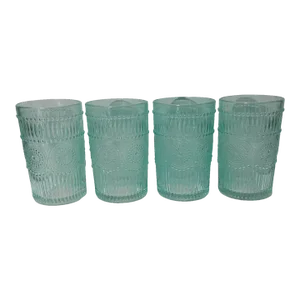 Late 20th Century Spa Teal Green Ornate Style Pressed Glass Water Glasses- Set of 4