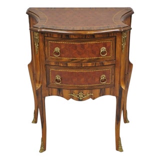 Vintage French Louis XV Style Marquetry Inlay 2 Drawer Nightstand Commode Table For Sale