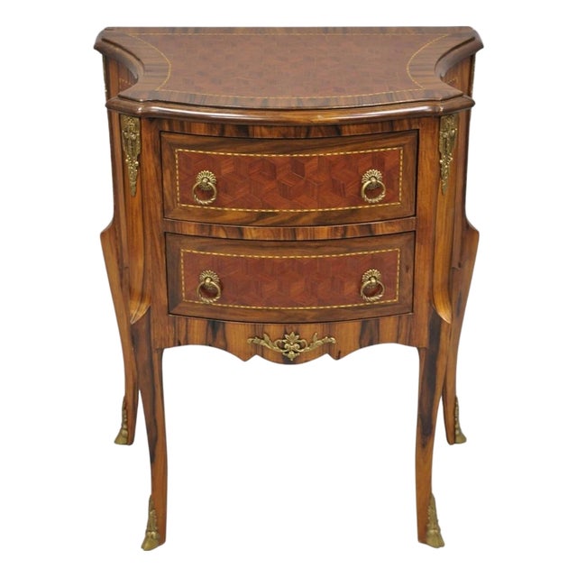Vintage French Louis XV Style Marquetry Inlay 2 Drawer Nightstand Commode Table For Sale