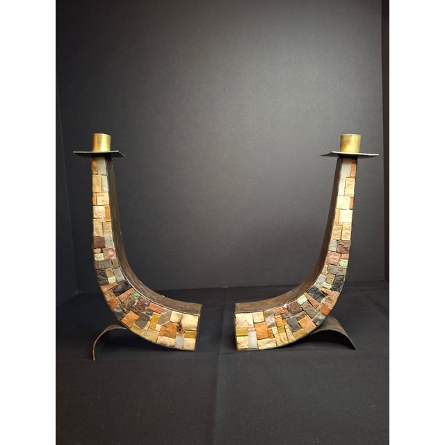 Metal Vintage Mid-Century Eilon Mosaics Hand-Hammered Copper & Holy Land Stone Shofar Candlesticks For Sale - Image 7 of 15