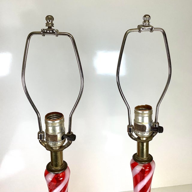 Glass Vintage Mid Century Modern Candy Cane Swirl Striped Red Table Lamps 1950s Murano Glass - a Pair For Sale - Image 7 of 8