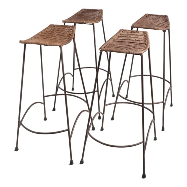 Set of Four Mid Century Wrought Iron and Wicker Bar Stools For Sale