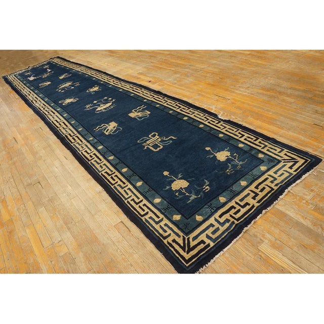 Chinese 1900s Navy Classic Greek Key Antique Chinese Peking Hallway Runner Rug 4'x 18'4" For Sale - Image 3 of 6