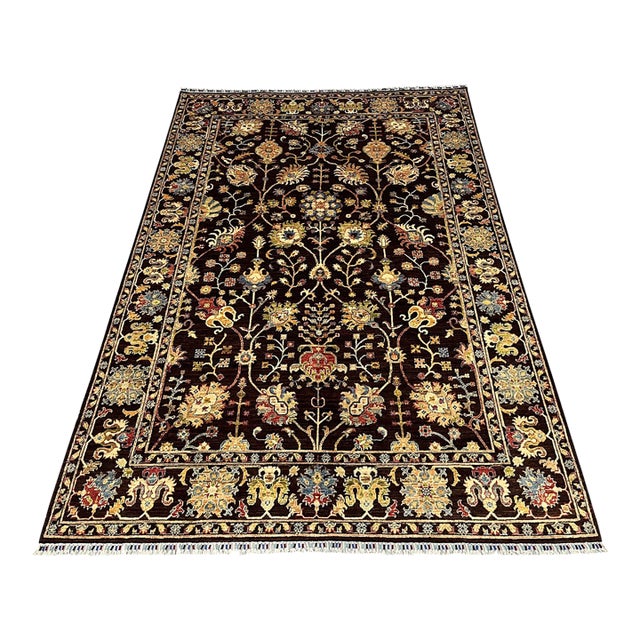 Black and Gold Afghan Sultani Wool Rug, Natural Dye Persian Floral Design, 6′7″ × 9′8″ For Sale