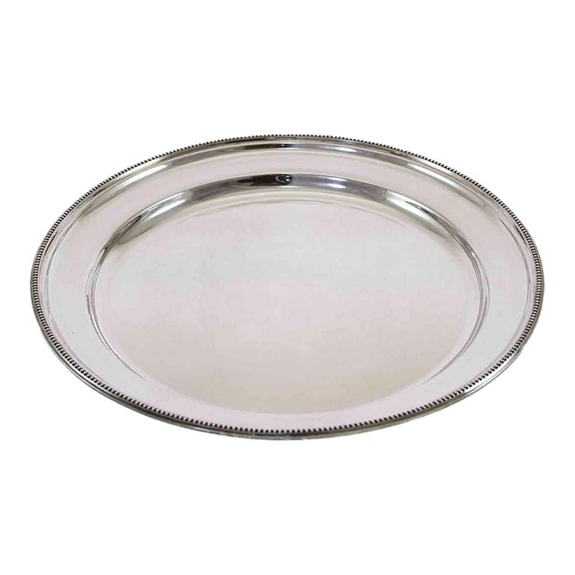 1970’s Vintage/New Silver-Plate Round Platter With Bead Pattern, Applied Border For Sale