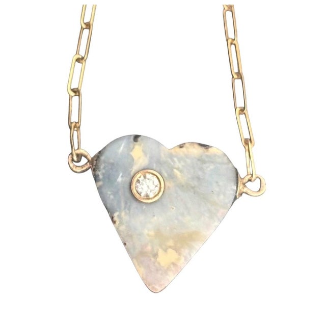 Australian Opal Heart Necklace With Diamond, 14k Gold Paperclip Chain For Sale - Image 4 of 7