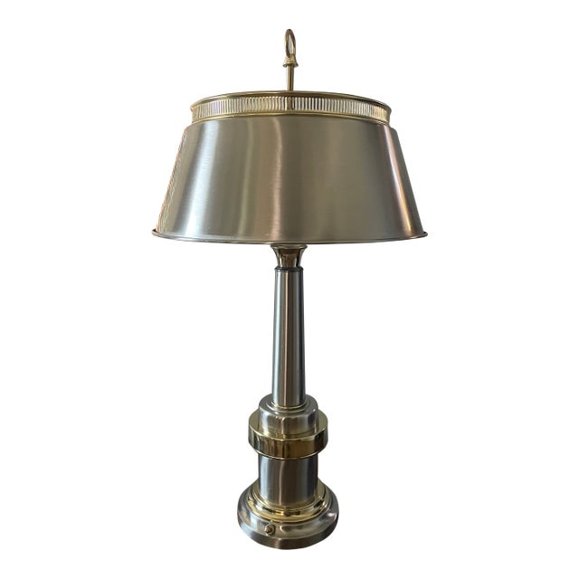 Vintage Brushed Steel & Brass Banker’s Lamp – Industrial Modern Desk Light For Sale