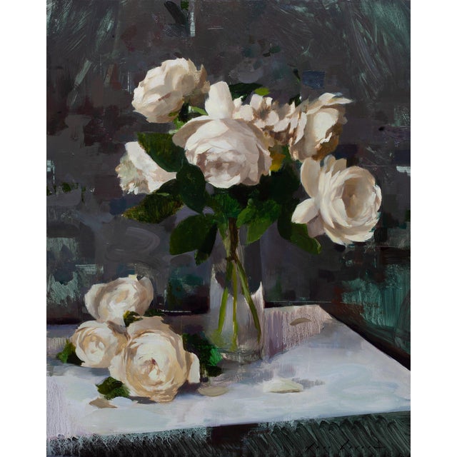 "Roses on Grey" is an oil on panel painting by Jon Doran, completed in 2026. A bunch of white roses rises from a clear...