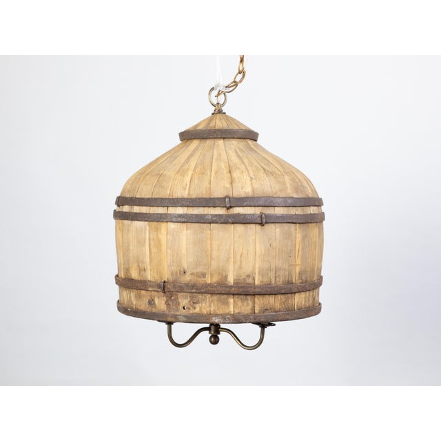 Mid 20th Century Vintage English Rustic Wooden Barrel Light Fixture with Three Scrolling Arms For Sale - Image 5 of 10