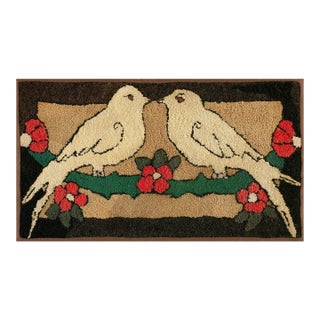 Lovely Romanic Pair of White Doves Perched Green Vine With Red Flowers Antique American Folk Art Hooked Rug For Sale