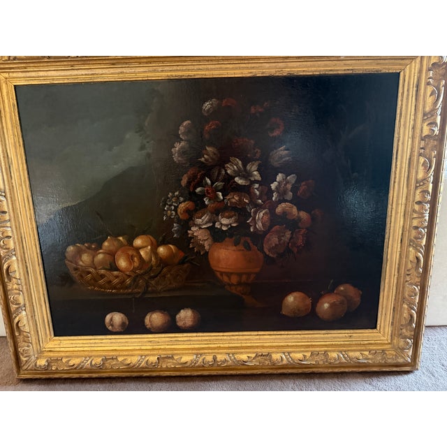 18th Century Neapolitan School Floral & Fruit Still Life Oil Painting in Monumental Gilt Frame - Unsigned For Sale - Image 13 of 13
