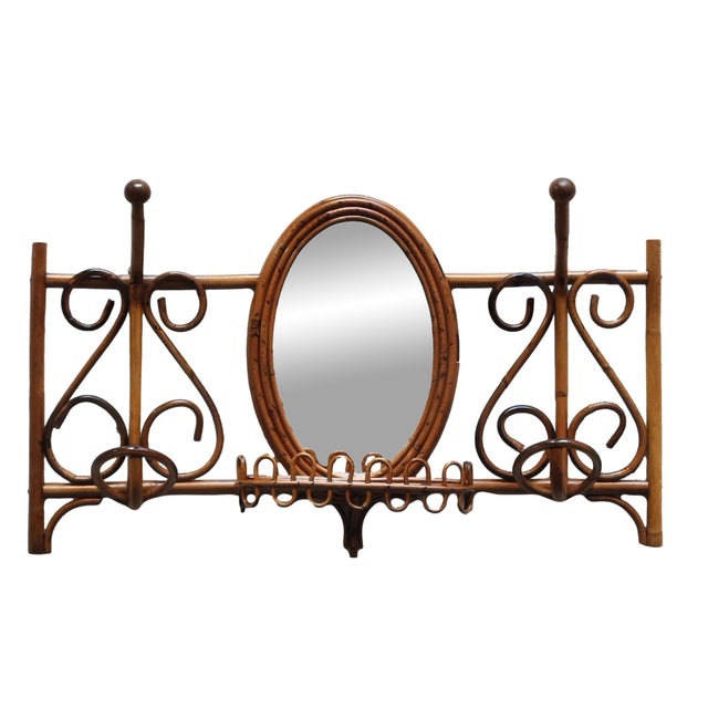 Rattan and Bamboo Wall Coat Rack with Mirror and Shelf, Italy, 1960s For Sale - Image 4 of 6