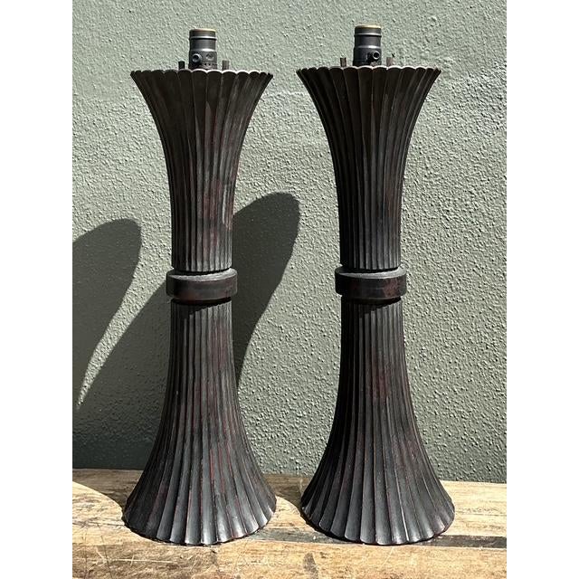 Metal Vintage Patinated Fluted Metal Lamps - A Pair For Sale - Image 7 of 12