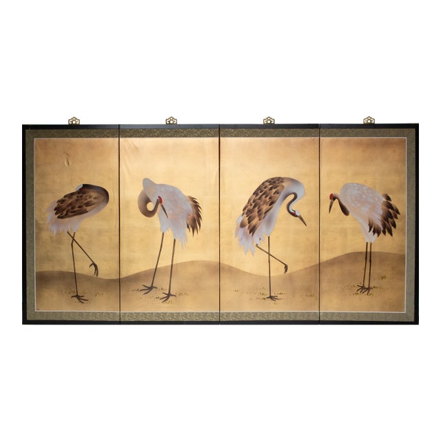 "Red-Crowned Cranes", Painted Chinese Screen For Sale