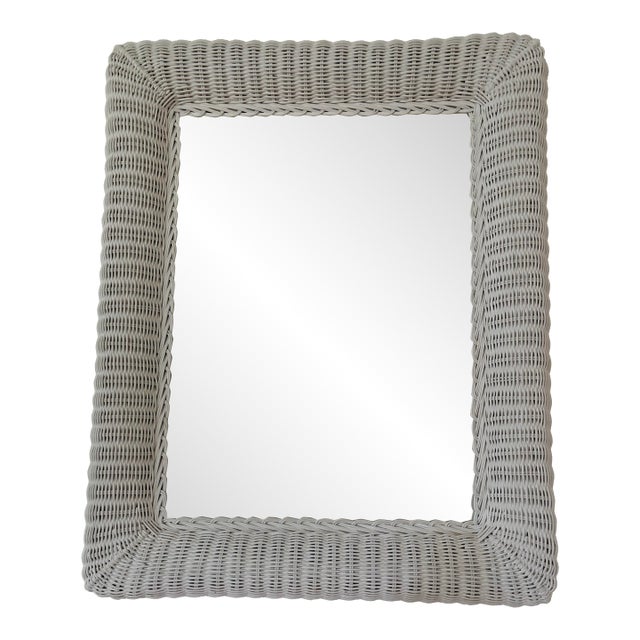 Vintage White Rectangle Wicker Frame Mirror For Sale