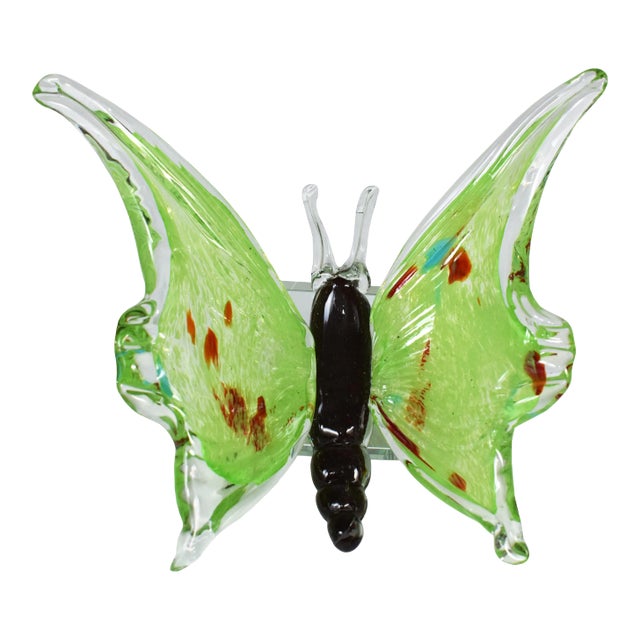 Large Hand-Blown Butterfly Glass Art on Crystal Base For Sale
