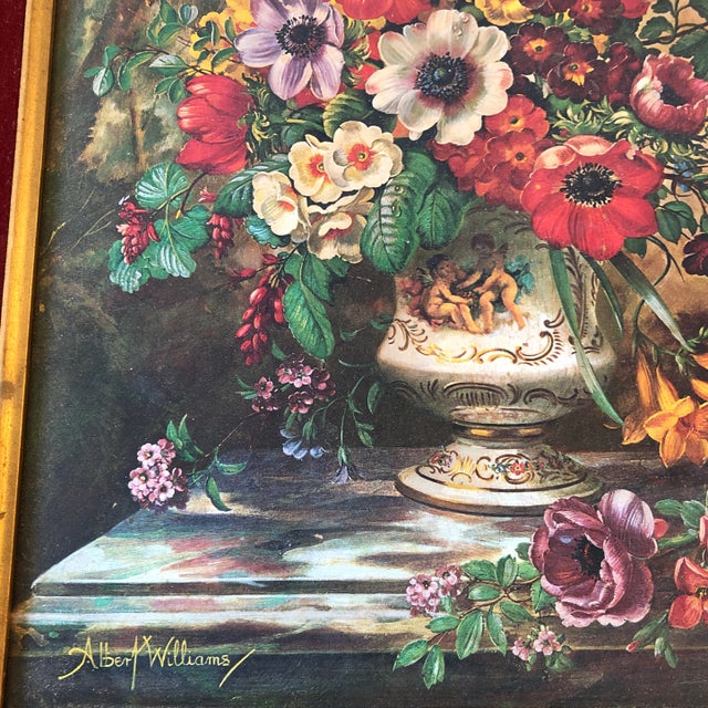 Traditional Original Vintage Floral Still Life Print Vintage Original Frame Red Velvet Liner For Sale - Image 3 of 7