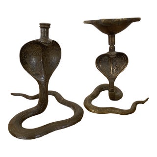 1970s Brass Snake Serpent Candle Holders - a Pair For Sale