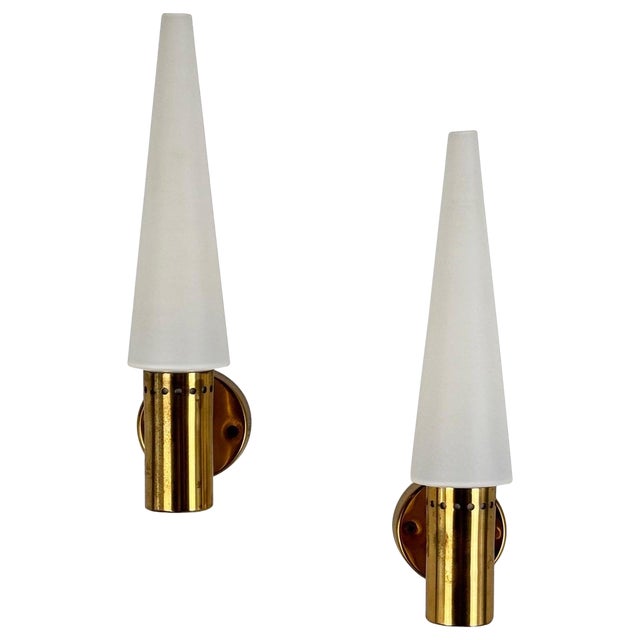Brass and White Opaline Glass Wall Lights from Hans-Agne Jakobsson Ab Markaryd, Sweden, 1960s, Set of 2 For Sale