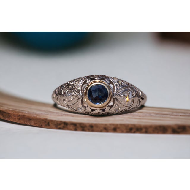 Contemporary The Sound View Road: Antique Filigree Ring set with Sapphire and Diamonds For Sale - Image 3 of 11