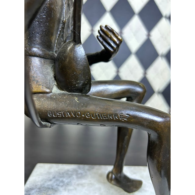 Signed Gustavo Gutierrez Bronze Harlequin Musician Sculpture on Marble Base, Edition 7/10 For Sale - Image 16 of 18