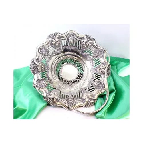 Silver Fruit Bowl with Shell-Shaped Cutouts, Reliefs, Double Handle with Monogram Card For Sale - Image 9 of 9