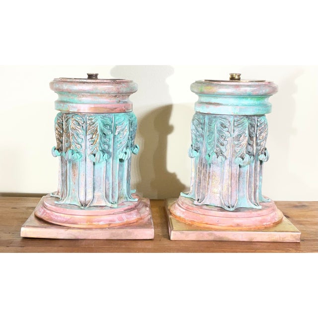 Stunning Pair of Solid Copper and Bronze Architectural Column Sculptures / Bases For Sale - Image 12 of 13