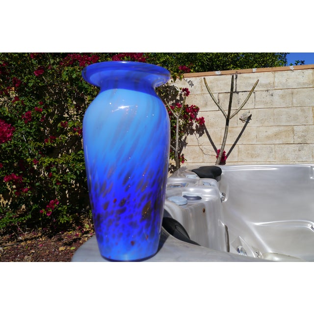 Early 21st Century Contemporary Blue Ombre Art Cased Glass Vase With Gold Glitter Drip Swirl Accents Hand Blown For Sale - Image 5 of 13
