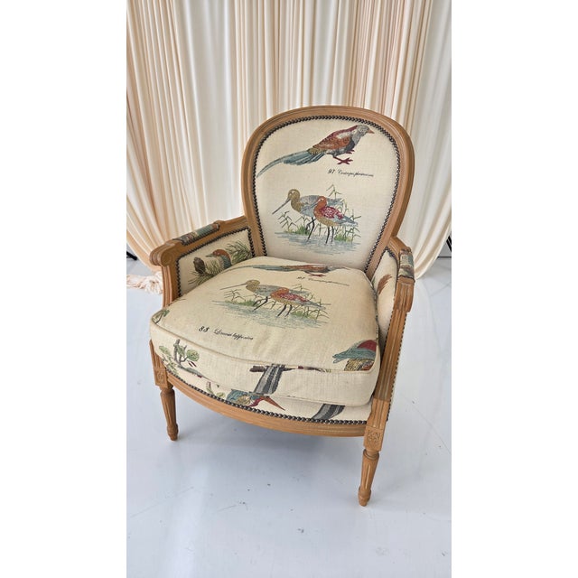1980s French Louis XVI Style Armchair With Upholstered Bird Tapestry Fabric For Sale - Image 14 of 15