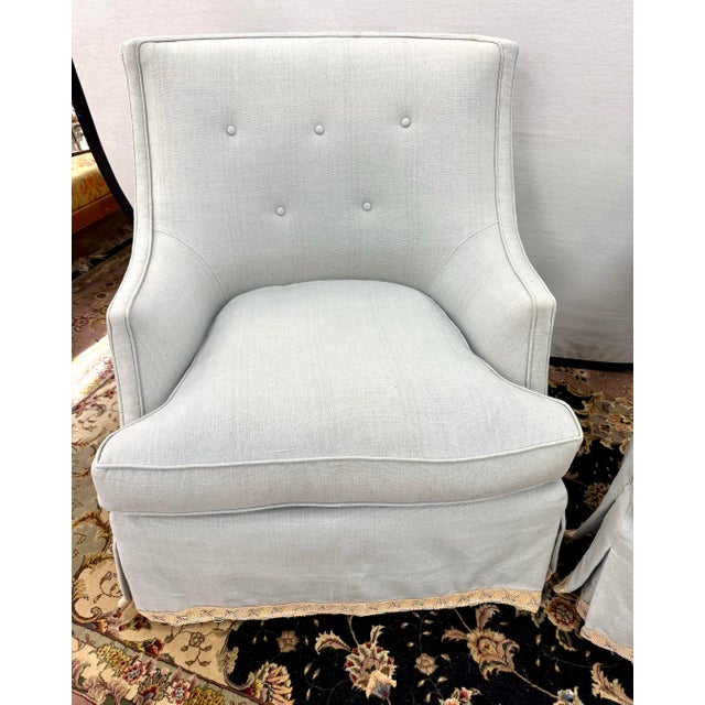 Traditional Pair of Custom Light Blue Linen Skirted Slipper Chairs For Sale - Image 3 of 8