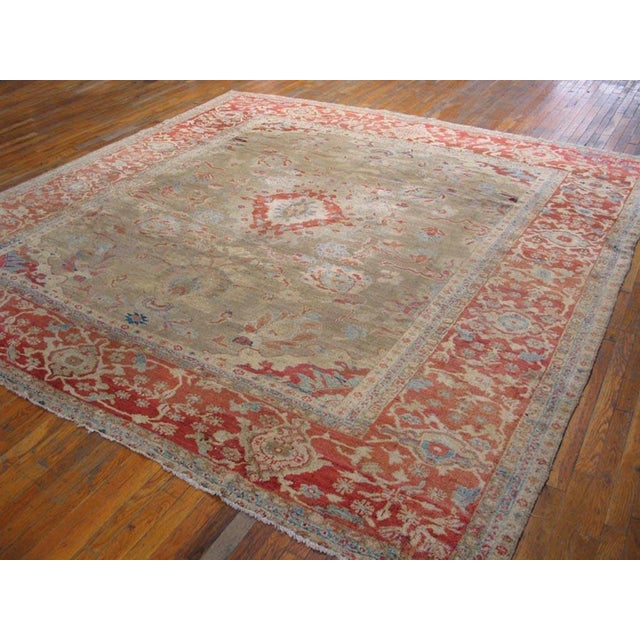 1880s Tan Sand Medallion Antique Persian Ziegler Sultanabad Rug 10'5" X 10'6" Handknotted Wool Carpet For Sale - Image 4 of 6