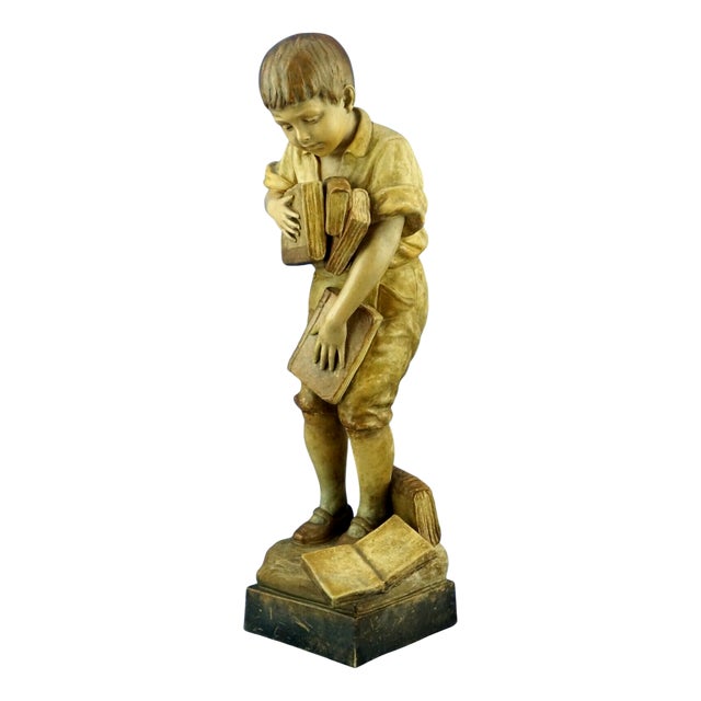 19th Century Terracotta Sculpture Child with Books by Otto Petri for Goldscheider, Austria, 1800s For Sale