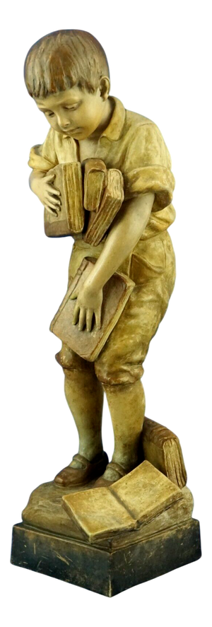 19th Century Terracotta Sculpture Child with Books by Otto Petri for Goldscheider, Austria, 1800s