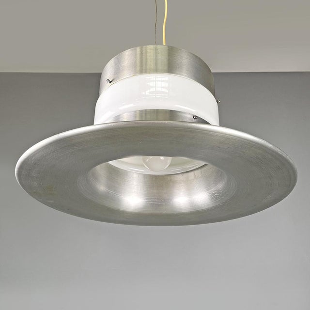 Italian Modern Round Base Pendant in Aluminum with White Glass Band, 1970s For Sale - Image 11 of 18