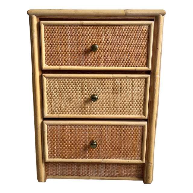 Mid-Century Rattan 3 Drawer Bedside Table, 1970s For Sale