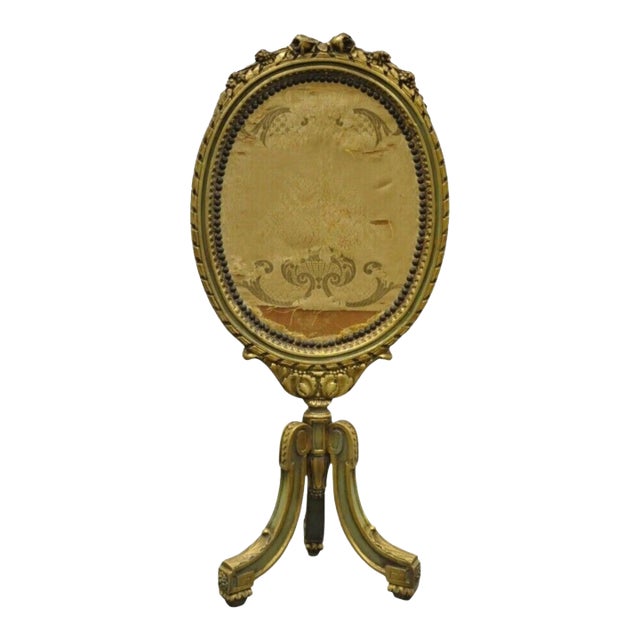 Antique French Louis XVI XV Style Carved Giltwood Green Oval Fireplace Screen For Sale