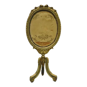 Antique French Louis XVI XV Style Carved Giltwood Green Oval Fireplace Screen