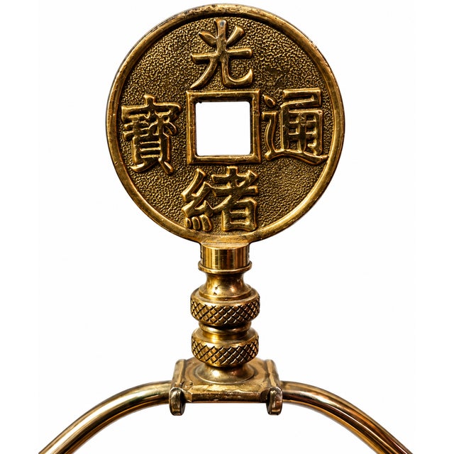 Metal 1960’s Paul Hanson Hammered Polished Brass Chinoiserie Table Lamps With Coin Finials For Sale - Image 7 of 14