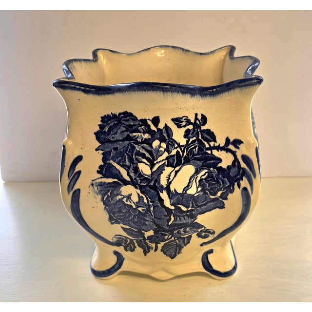 Vintage Blue & White Ironstone Staffordshire square planter vase.Beautiful white base with royal blue floral handpainted...