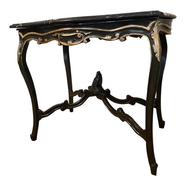Antique Table Marble Topped Italian Accent Table, Turtle Shaped, Black and Gilt For Sale