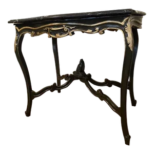 Antique Table Marble Topped Italian Accent Table, Turtle Shaped, Black and Gilt