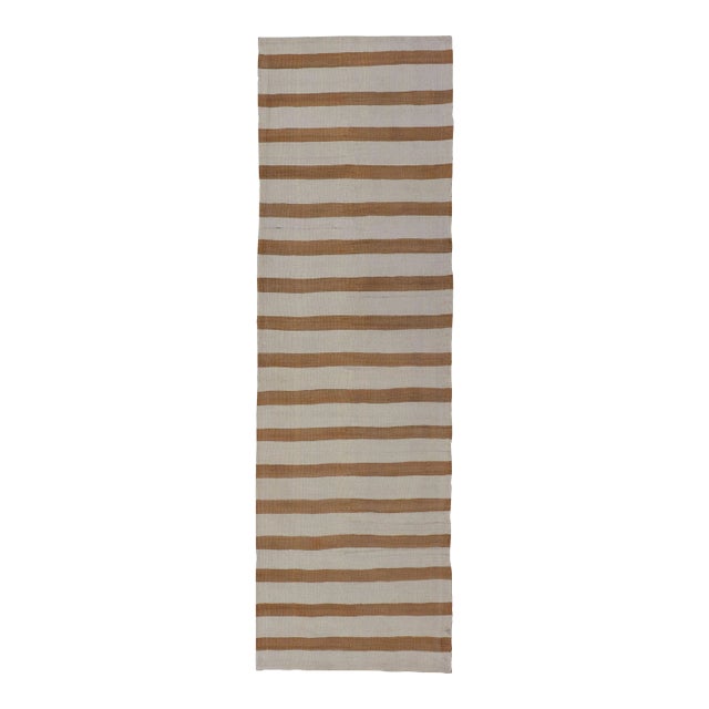 Mid 20th Century Vintage Turkish Kilim Rug With Horizontal Stripes in Light Brown and Cream For Sale