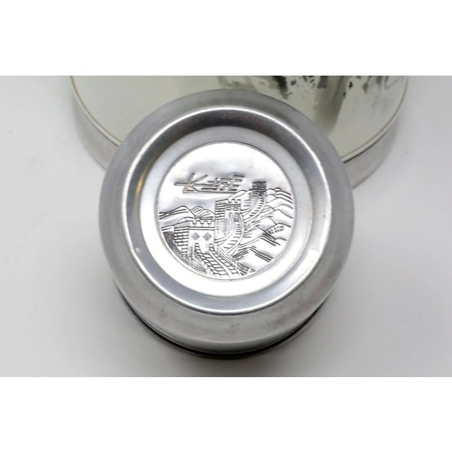 This is a huge, aluminum thermos with glass insert and original cork stopper. It is printed with a beautiful watercolor...