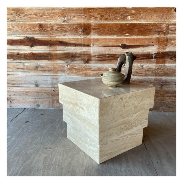Mid-Century Modern Mid Century Italian Modern Travertine Petite Side Table or Low Pedestal For Sale - Image 3 of 11