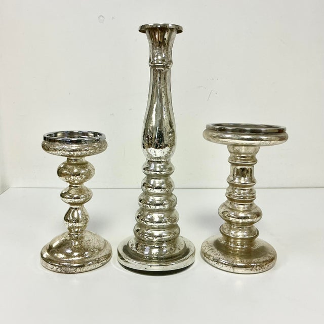 West Elm 1990s Vintage Boho Chic Modern West Elm Attributed Mercury Glass Candleholders - Set of 3. For Sale - Image 4 of 12