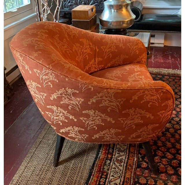 Mid 20th Century Mid Century Barrel Club Chair With Original Asian Damask Upholstery For Sale - Image 5 of 9